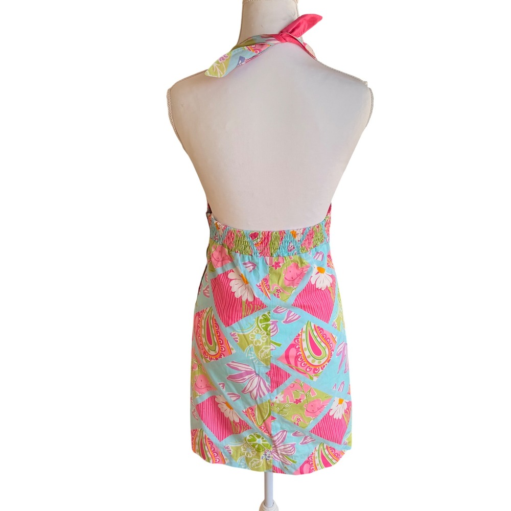 Lilly Pulitzer Women's Pink Blue Patchwork Floral Halter Mini Dress Size 14 VTG - Picture 3 of 5
